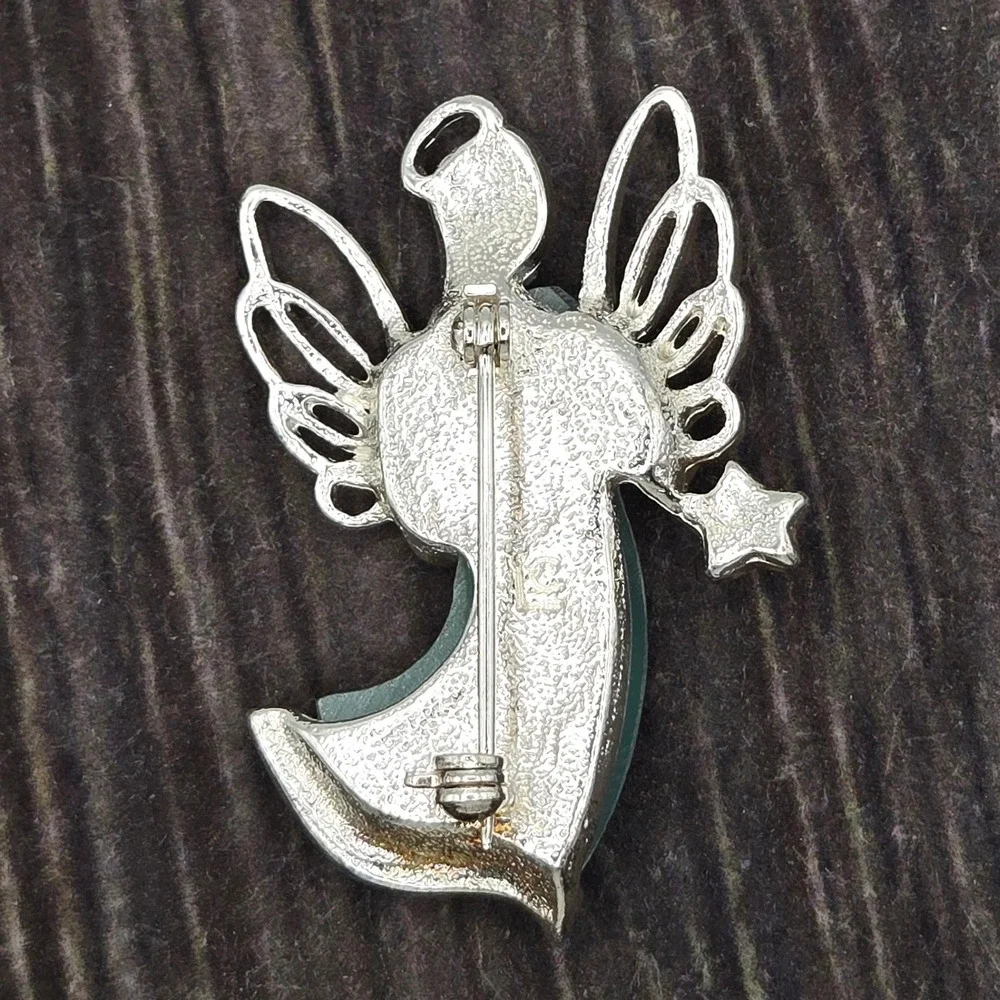 Liz Claiborne LC Vintage Angel Brooch Silver Tone Green Crackle Glass Rhinestone